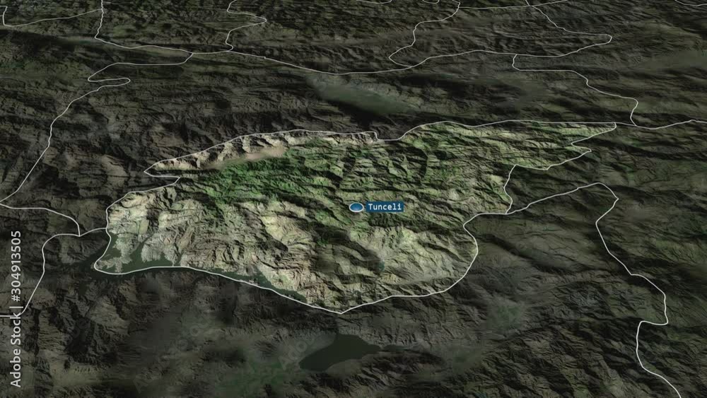 Tunceli - province of Turkey with its capital zoomed on the satellite map of the globe. Animation 3D Tunceli - province of Turkey with its capital zoomed on the satellite map of the globe. Animation 3D