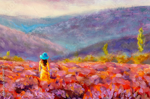 Fototapeta Naklejka Na Ścianę i Meble -  Walking women in field of lavender. Romantic girl in lavender fields, having vacations in Provence, France. A girl in orange dress walking trough lavender fields oil painting on canvas