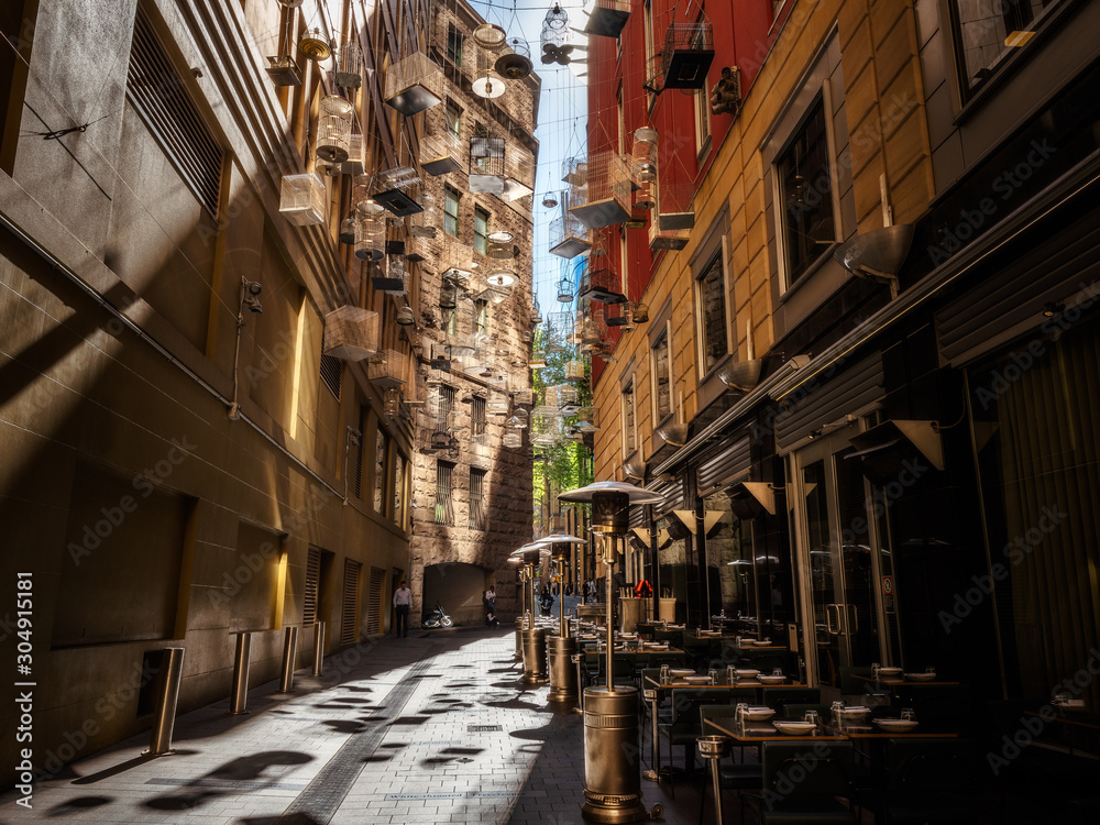 Fototapeta premium Forgotten Songs is an Art installation at Angel Place Laneway in Sydney, Australia aimed to address climate change, showing recordings of bird species dislocated by urban development.