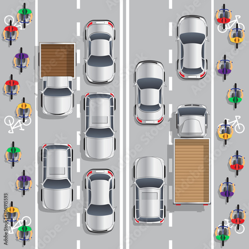 Road traffic and bicycle path. View from above. Vector illustration.