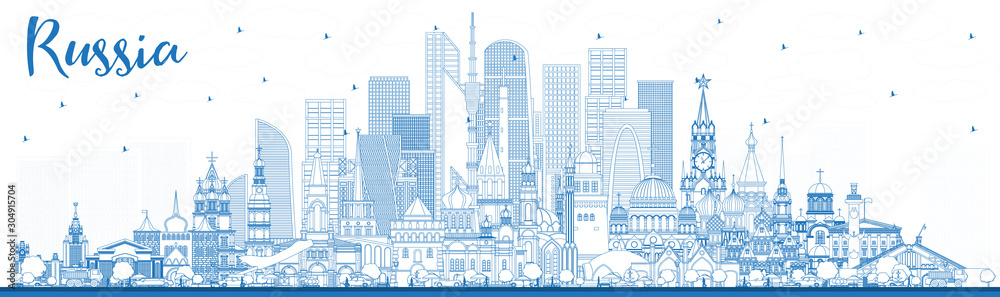 Outline Russia City Skyline with Blue Buildings.