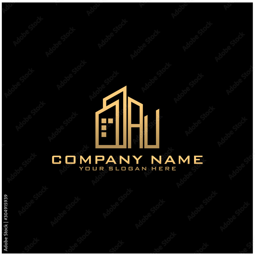 Letter AU With Building For Construction Company Logo