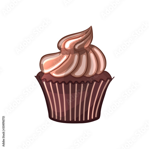 chocolate cupcake. Sweet pastry. Cartoon icon. Isolated object on a white background. Vector illustration.