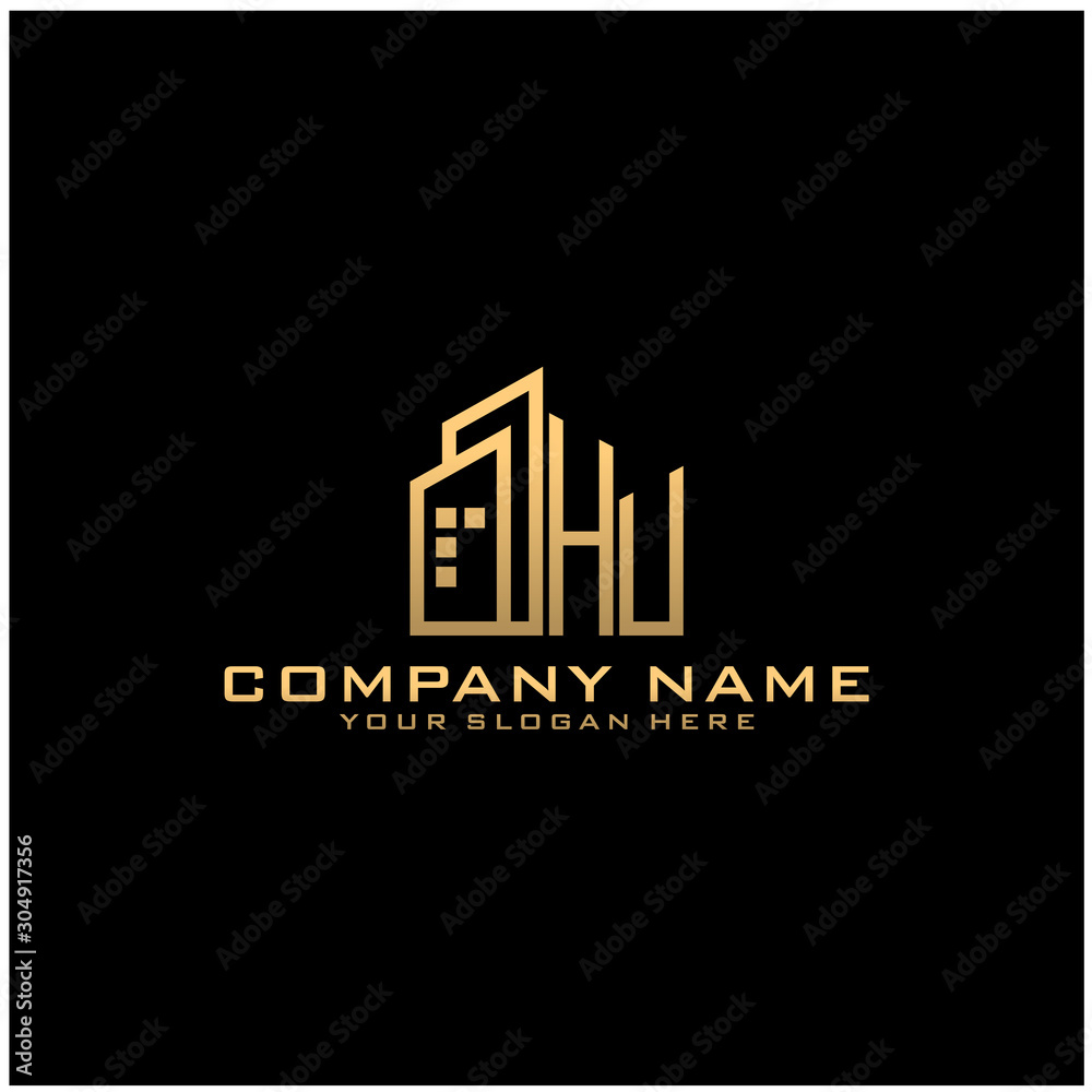 Letter HU With Building For Construction Company Logo