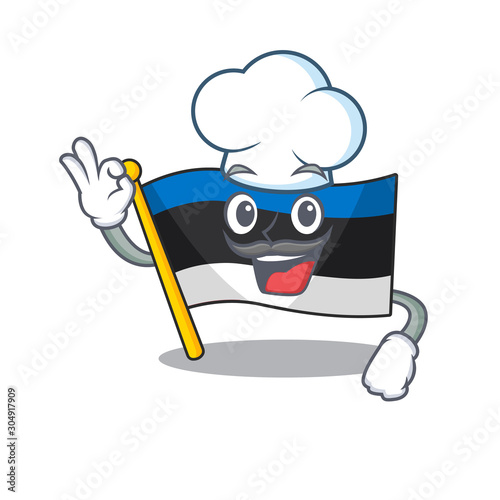 Happy flag estonia cartoon Chef character with white hat
