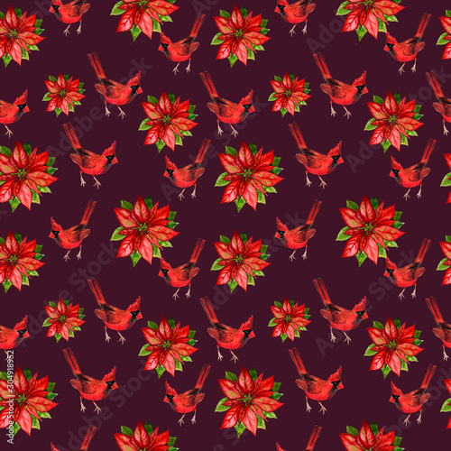 Seamless floral background with bird cardinal and poinsettia