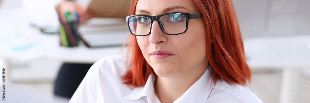 Beautiful smiling cheerful girl at workplace look Beautiful smiling cheerful girl at workplace look