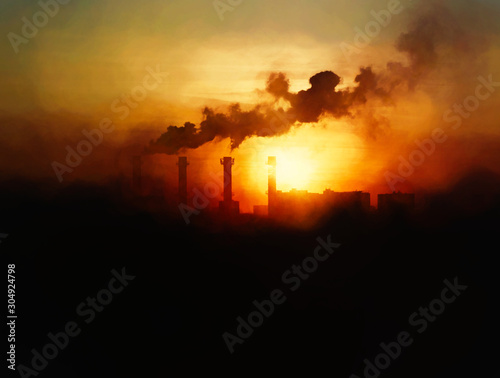 Industrial chimneys during dramatic sunset illustration