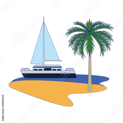 cruise boat at sea and palms, flat design