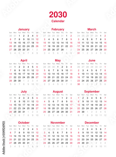 Calendar 2030 - 12 months yearly vector calendar in year 2030 - calendar template - planner calendar
