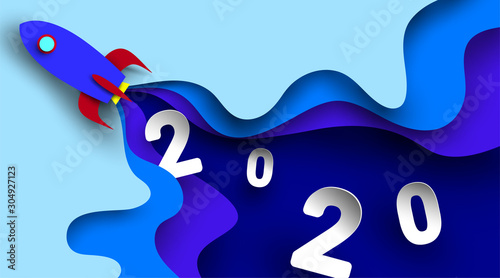2020 New Year number design with rocket in paper cut and craft style. Symbol of achieve goals for 2020. Start up company concept. - Vector.