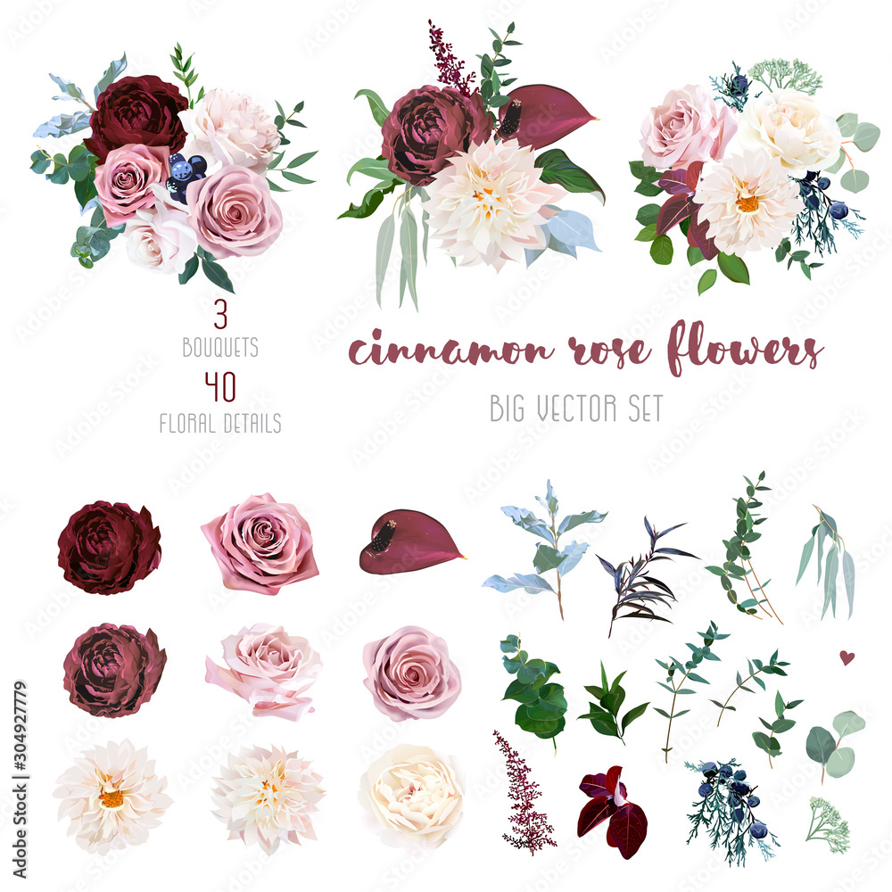 Obraz Desert cinnamon, brown, dusty pink and creamy roses, dahlia, burgundy anthurium