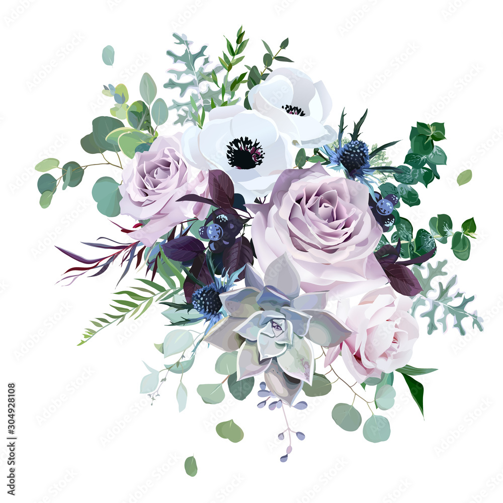 Dusty violet lavender, mauve antique rose, purple pale flowers Stock Vector