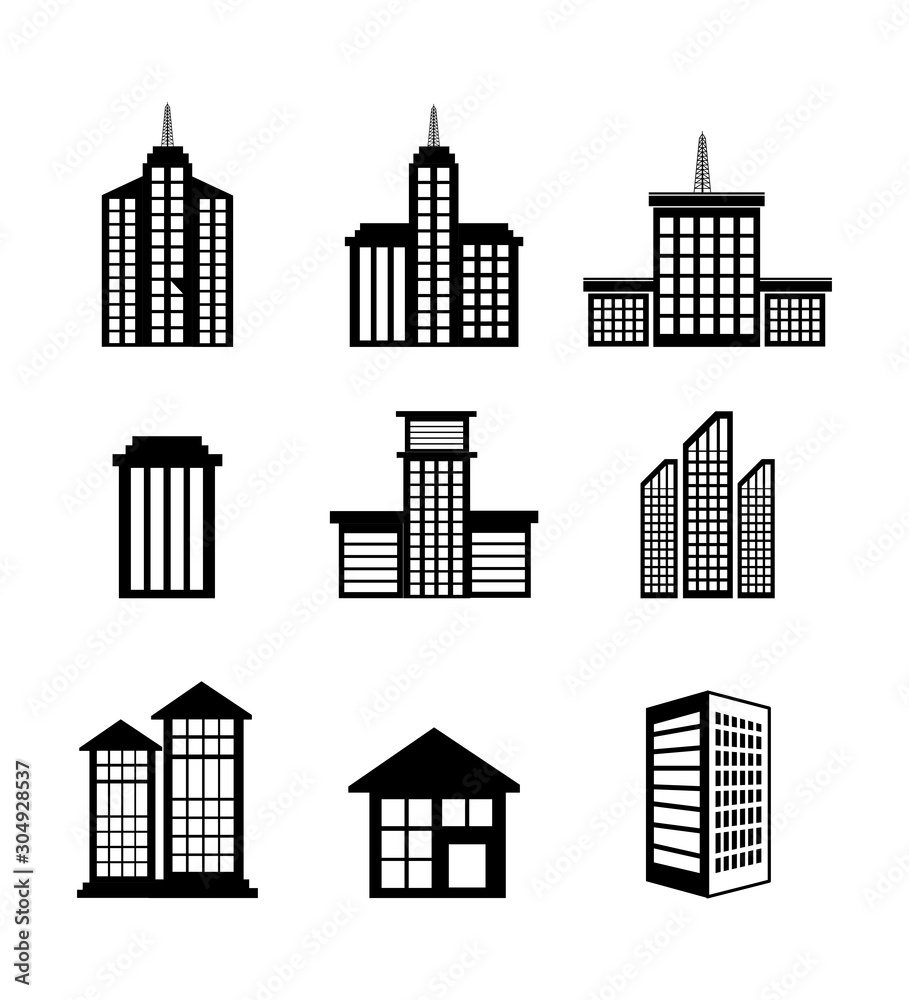 bundle buildings facade isometric icons vector illustration design
