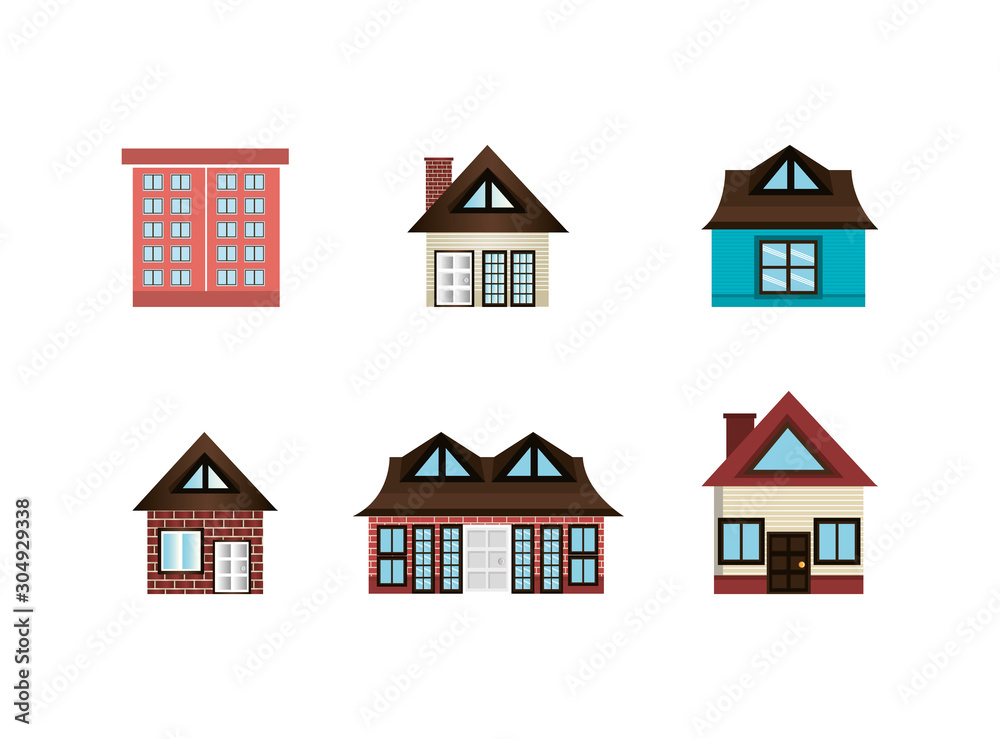 bundle house facade isometric icons vector illustration design