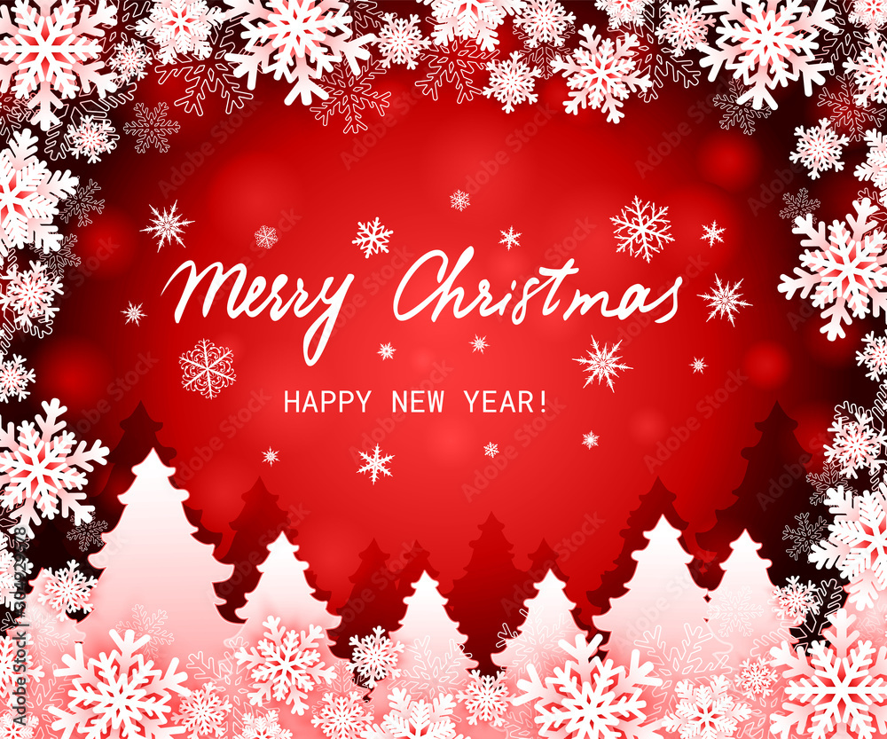 Christmas background with winter forest and snowflakes frame. Vector illustration Christmas background with winter forest and snowflakes frame. Vector illustration
