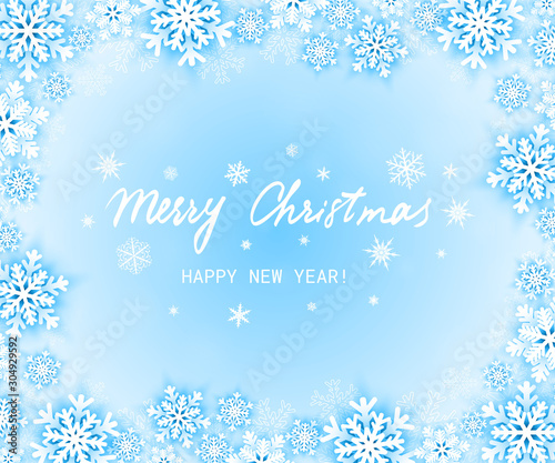 Merry Christmas and Happy New Year greeting card with paper snowflakes on blue background. Vector illustration