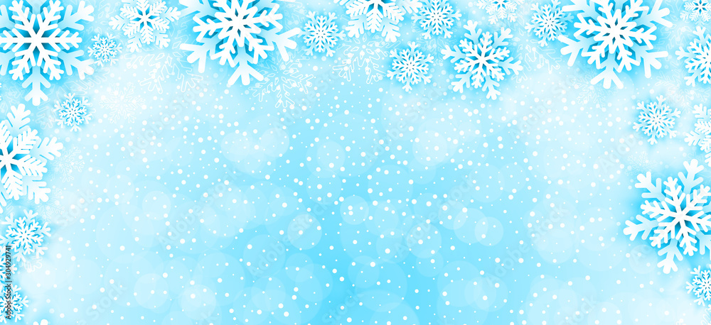 Christmas background with snowflakes frame on blue. Vector illustration