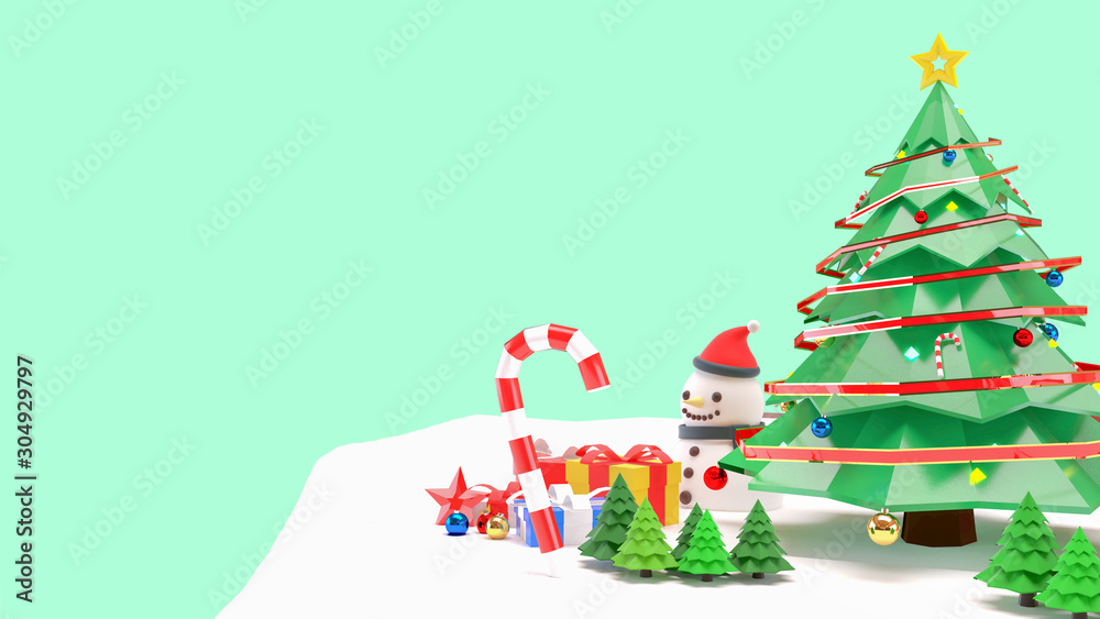 Naklejka premium 3D Render Background images of the Christmas and Happy New Year concept. There are Snowman, Christmas trees, gift boxes, and shining toys. On a beautiful red background.