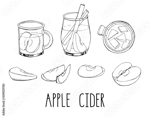 Set of hand drawn vector elements isolated on white. Apple cider with spices and fruit slices. Popular winter alcoholic beverage. Christmas cocktail. Lettering. Perfect for cafe seasonal decoration