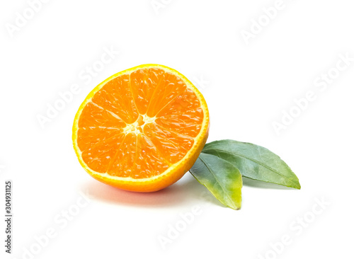 Tangerine with green leaves. Close up. Isolated on white background