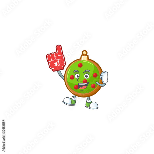 Mascot a foam finger in christmas ball cartoon.