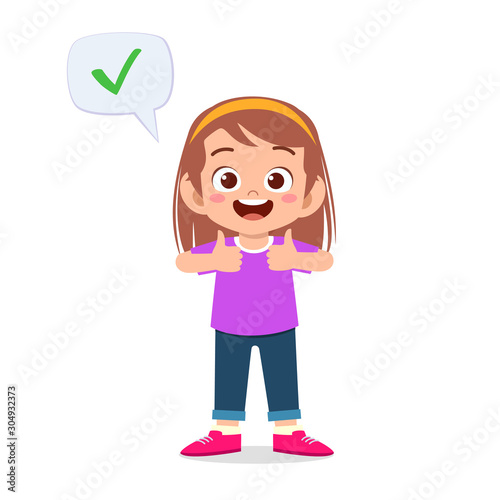 happy cute kid girl carry correct sign