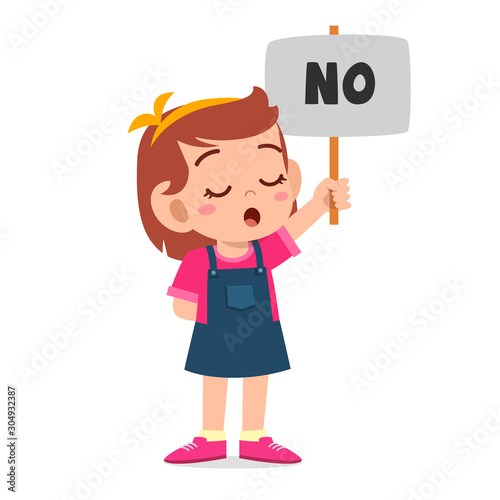 happy cute kid girl carry wrong sign