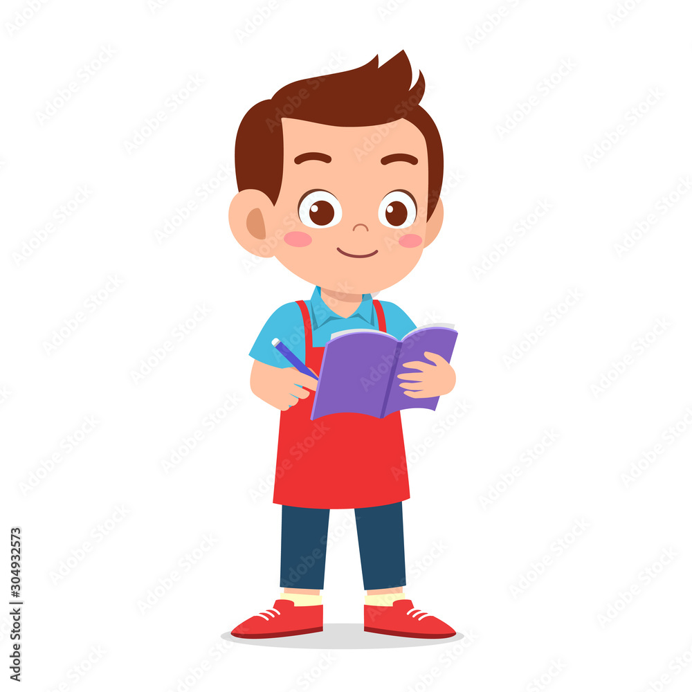 happy cute kid boy waiter write order