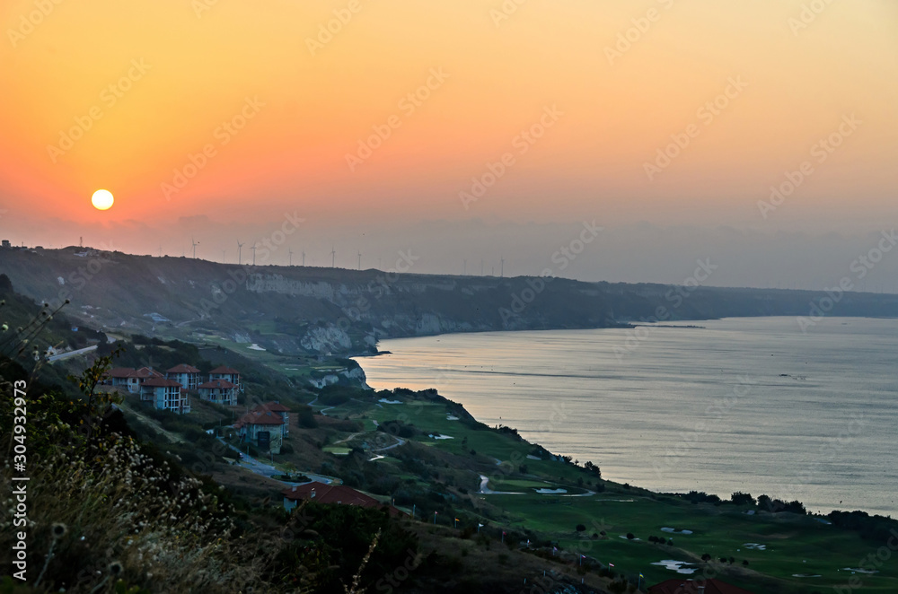 Hotels of Green Thracian cliffs near  Black Sea, rocky path seaview, sunset