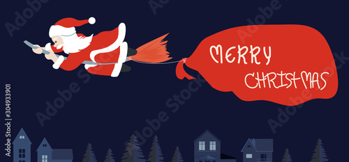 Santa claus riding broom and pull big bag contain present inside over house.
