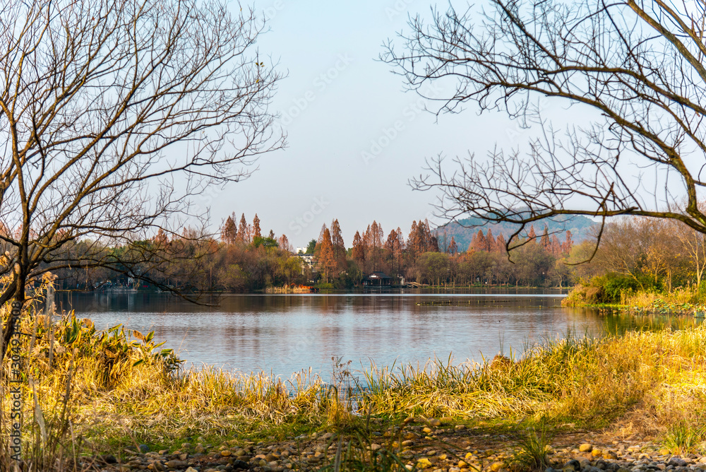 The beautiful landscape scenery of Xihu West Lake and pavilion in autumn at Hangzhou CHINA.