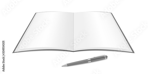Open notebook with white blank pages and pen on the table, realistic vector illustration