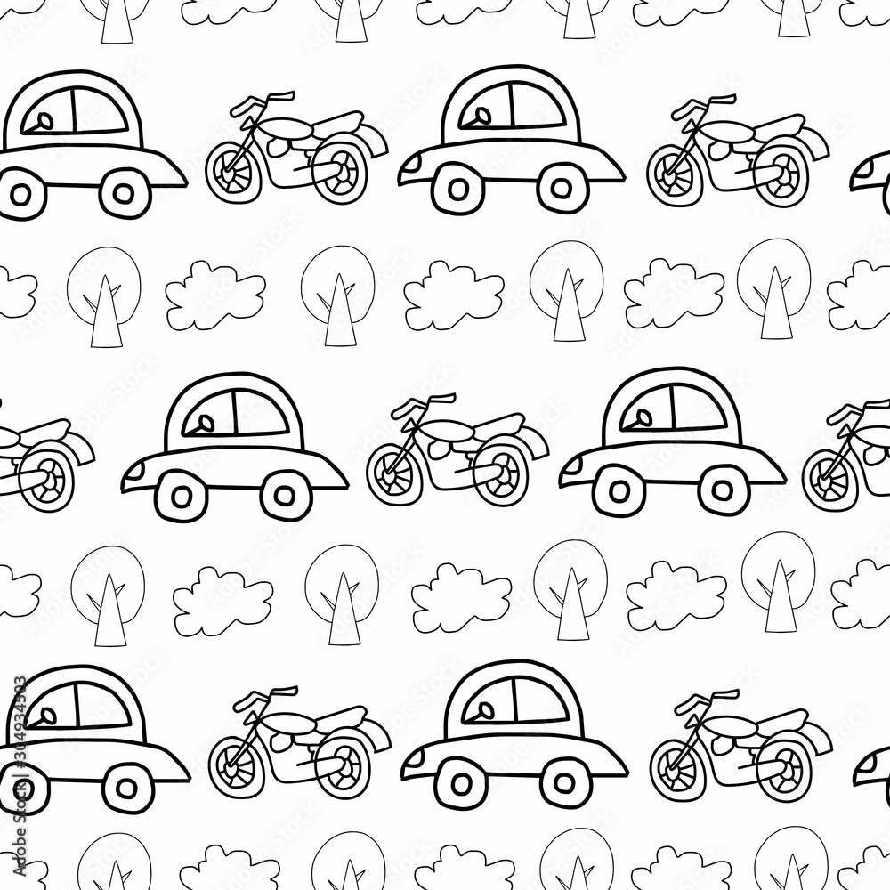 Children's transport vector seamless pattern black line with cars, buses, bike ride, tractor, airplane and yacht on a white isolated background. Design for coloring and wrapping paper. Children's transport vector seamless pattern black line with cars, buses, bike ride, tractor, airplane and yacht on a white isolated background. Design for coloring and wrapping paper.