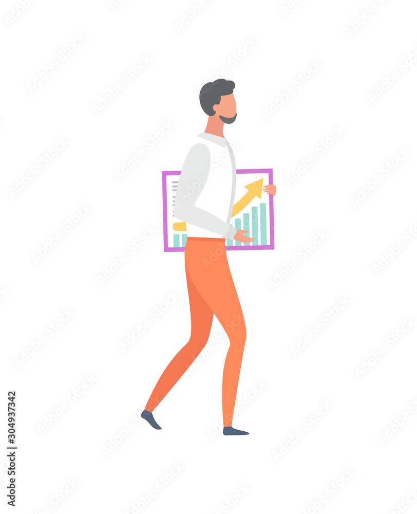 Businessman with financial statistics poster, side view. Manager with report broadsheet depicting graphs and charts isolated on white, worker with beard Businessman with financial statistics poster, side view. Manager with report broadsheet depicting graphs and charts isolated on white, worker with beard