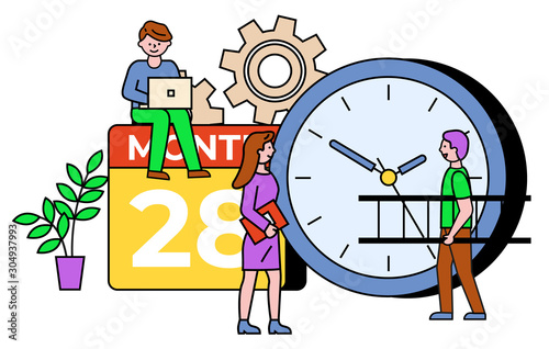 People communication with laptop, clock and calendar objects. Developer working with computer, person carrying stairs. Information technology with setting and time symbol with outline vector