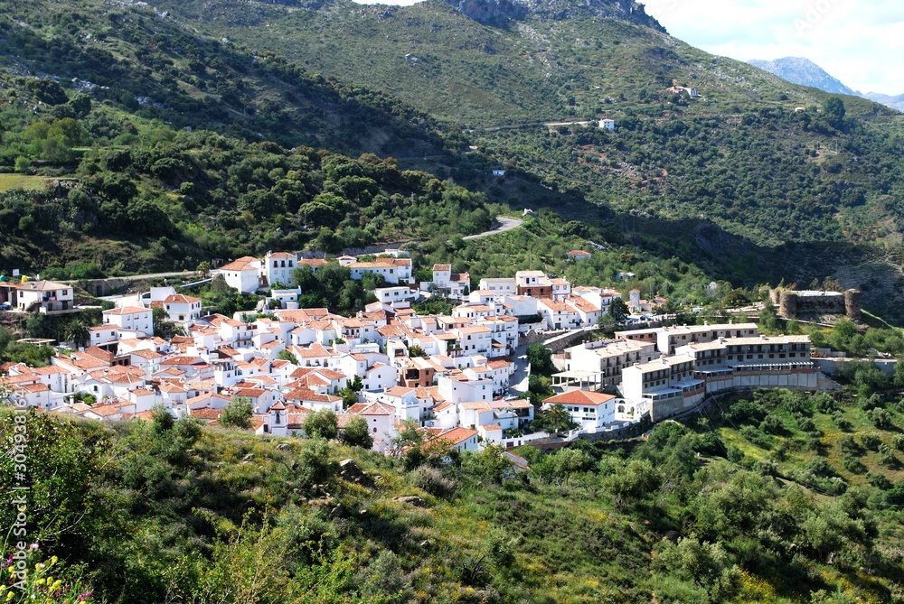 Elevated view of the white town and mountains, Benadalid, Andalusia, Spain.