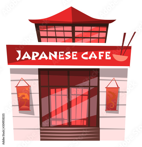 Japanese cafe serving food by Japan recipes vector. Diner building exterior facade of restaurant in asian architectural tradition. Bar or eatery, japan eating meal oriental dishes. Bowl and chopsticks