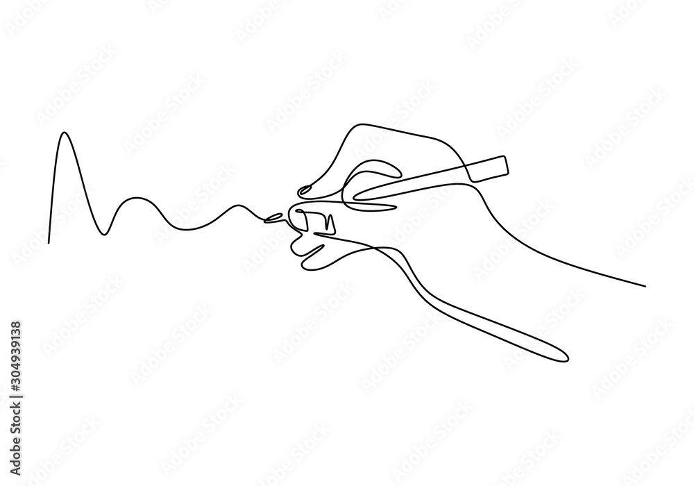 Fototapeta Continuous one line drawing of hand writing minimalism style. Fingers holding ink pen or pencil to draw or write on paper.