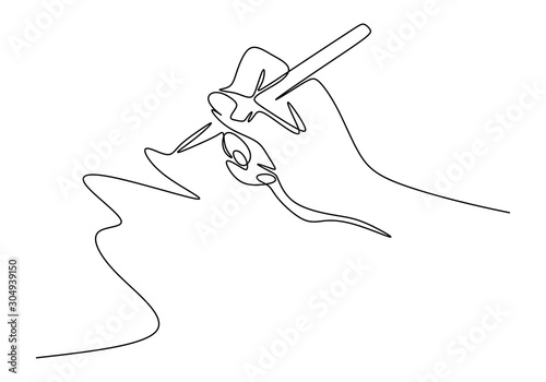 Continuous one line drawing of hand writing minimalism style. Fingers holding ink pen or pencil to draw or write on paper.