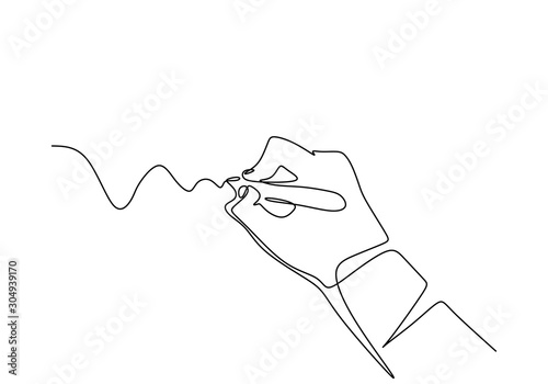 Continuous one line drawing of hand writing letter with minimalism design. Vector fingers holding ink pen to drawing or write something.