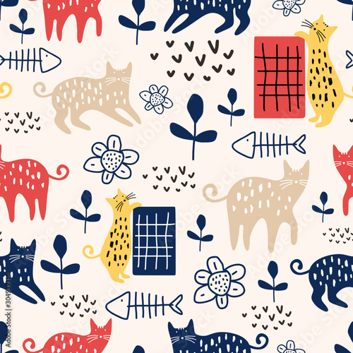 Trendy cute cat seamless pattern with animal and flowers plant nursery. Vector illustration hand drawn childish drawing scandinavian style for fashion textile print.