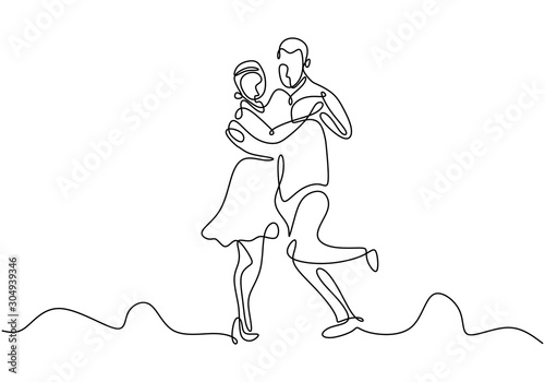 Continuous one line drawing of couple dance vector. Man and girl doing romantic dancing minimalism design illustration.
