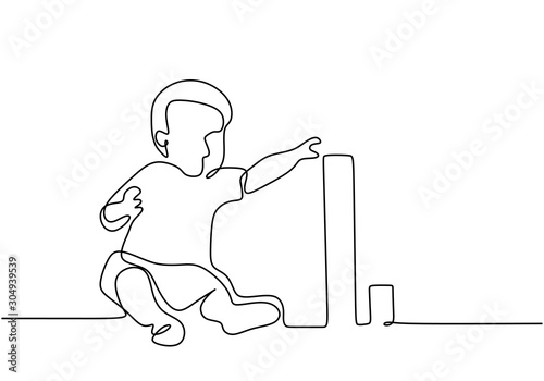 Continuous one line drawing of kid boy playing toys, Minimalism childhood theme.