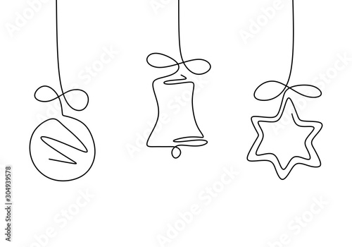 Continuous one line drawing of christmas symbols border with balls, gift, stars, and bells. Minimalism vector simplicity design.