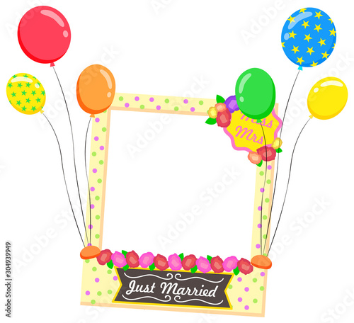 Just married vector, isolated photozone accessories flat style. Composition for photo with inflatable balloons and flowers, frame with text for weddings photography. Mrs and mr newlywed zone