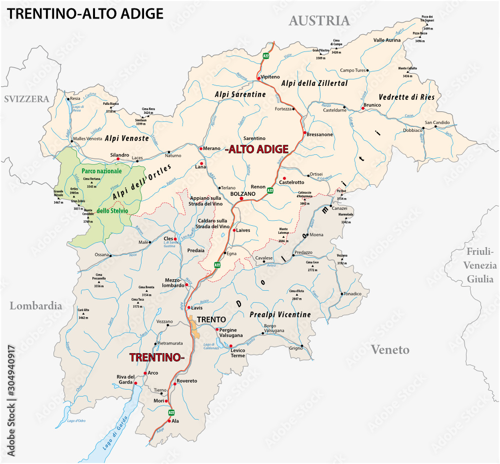 Road map of the italian region Trentino-Alto Adige