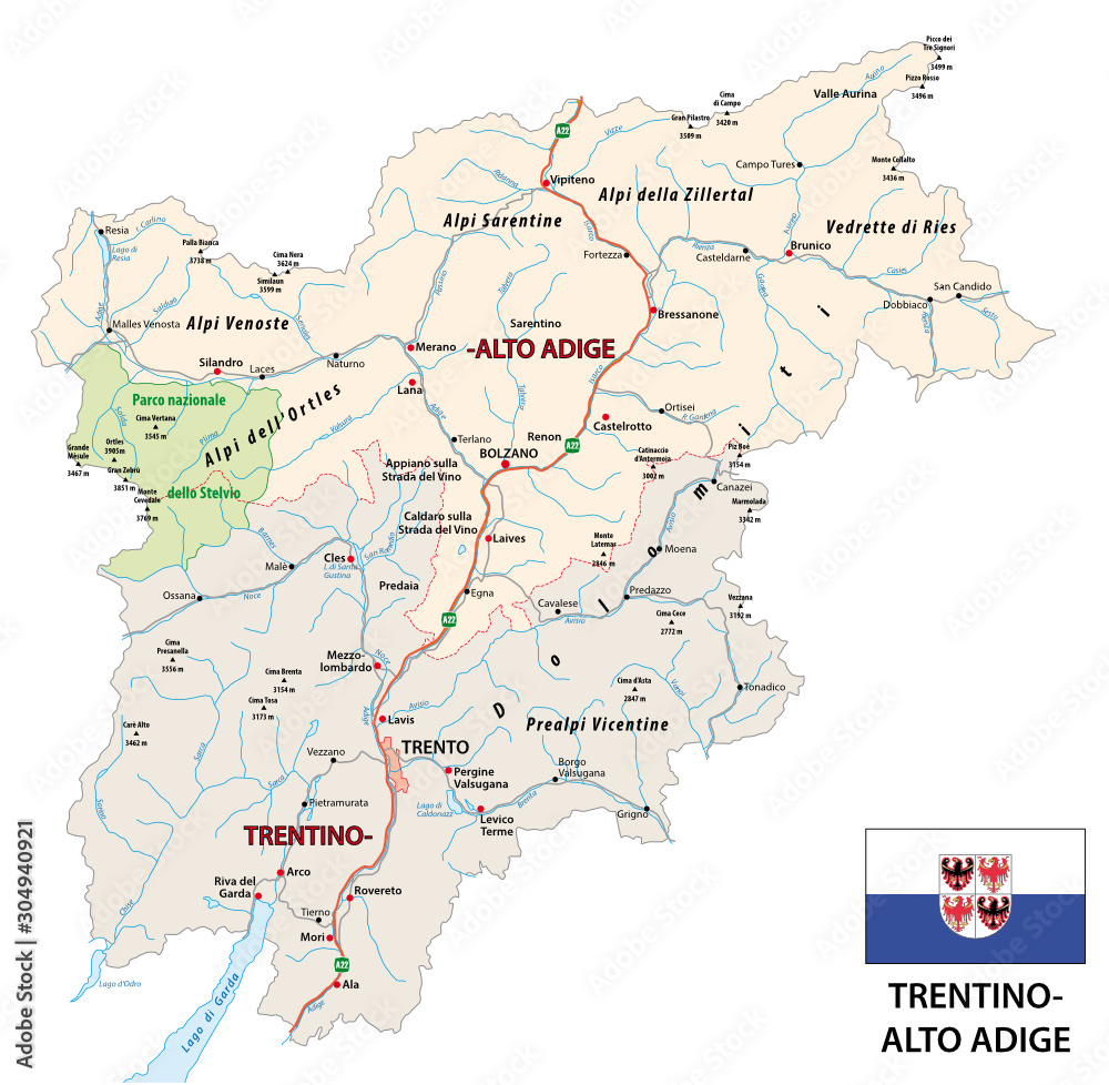 Road map of the italian region Trentino-Alto Adige with flag