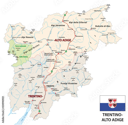 Road map of the italian region Trentino-Alto Adige with flag