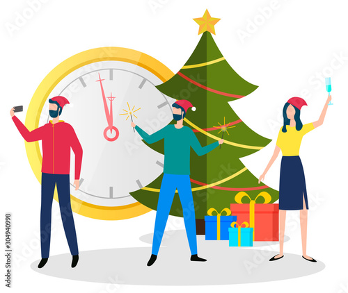 People celebration winter holidays near traditional symbol Christmas tree  present box and clock. Man and woman wearing Santa hat making selfie together. Male and female shooting with gifts vector